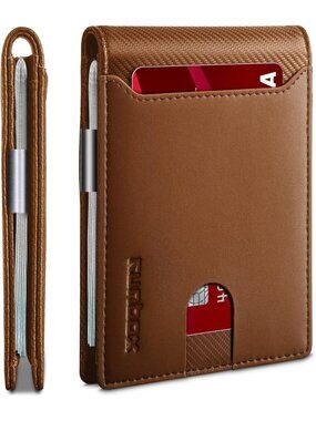 〽️Man Caramal Leather Money Clip RFID Blocking Pocket Bifold Credit Card Wallet